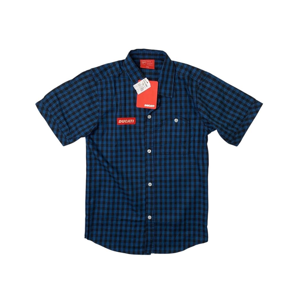 Ducati Shirt Boys Youth 11/12 Teal Blue Gingham Check Cotton Plaid Short Sleeve